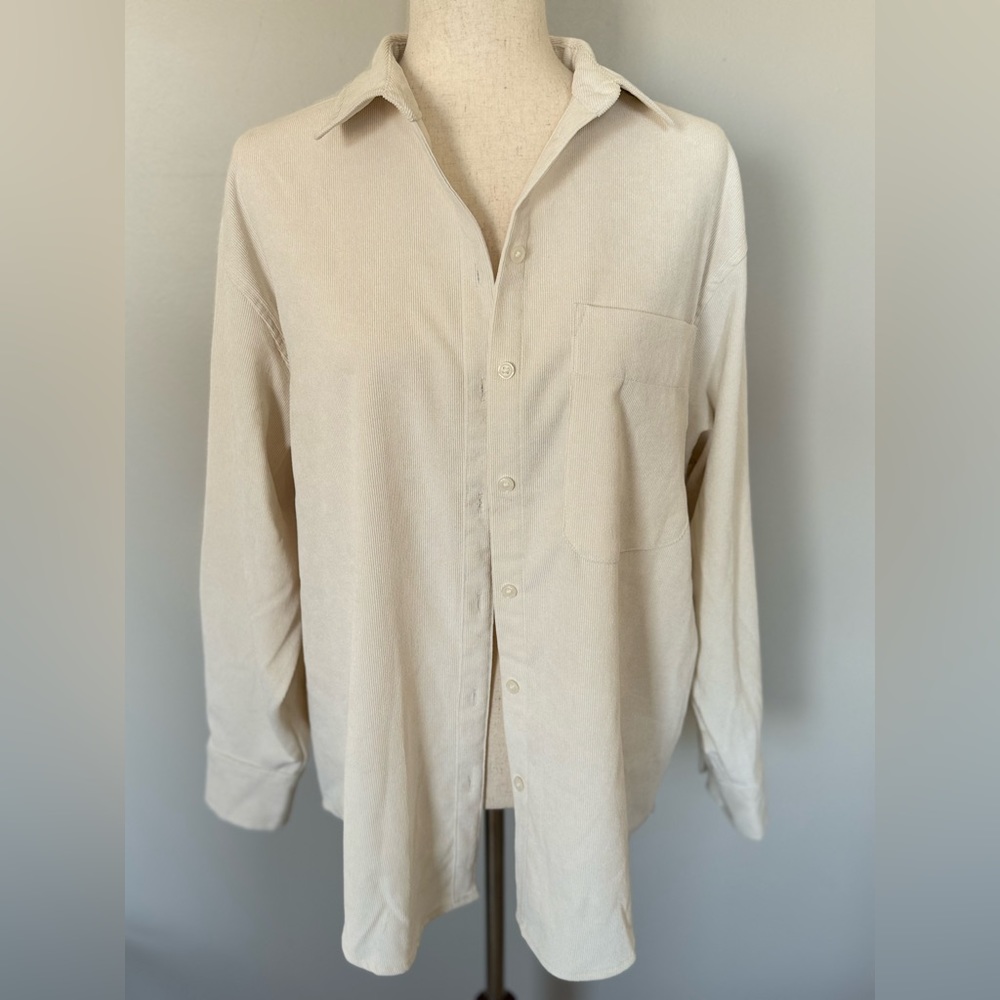 a new day | Long Sleeve Corduroy Button-Down Boyfriend Shirt | Cream | Medium